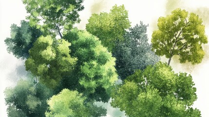 botanical landscape design elements, watercolor styled tree icons, varying foliage clusters, soft gradient greens, aerial garden planning symbols, organic canopy shapes, artistic vegetation marks,