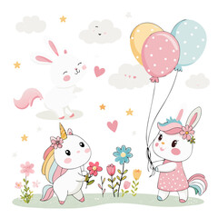 kawaii bunny, wall art, sweet bunny, kids birthday animals, baby unicorn, pastel, Easter bunny, kids illustration, children clipart