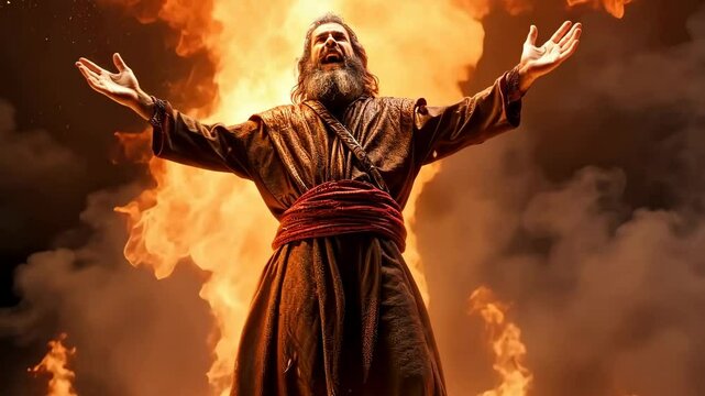 A prophet praying to God with fire effects 4K