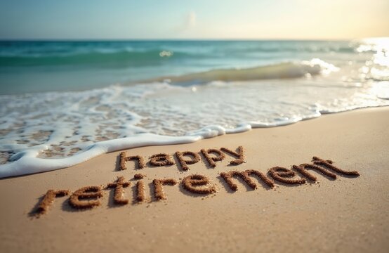 Happy retirement message etched in sand on scenic ocean beach, welcoming new life adventures. Celebrate relaxing vacation. Seaside scene, sunny day with calm waves, joy, freedom, positive emotions.