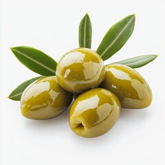 Delicious green olives with leaves, isolated on white background