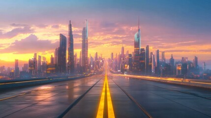 Naklejka premium Futuristic Cityscape Sunset Highway Road Digital Art
