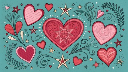 Heart Patterns with Stars, Floral Decorations Valentine's Day Theme