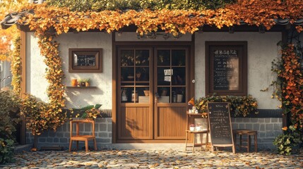 Charming autumn caf&eacute; with rustic wooden door, surrounded by vibrant foliage