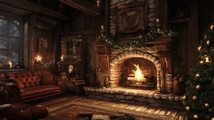 Obraz premium Cozy Christmas Eve by the Fireplace in a Rustic Cabin