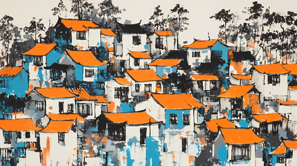 Fototapeta premium Colorful Chinese Village Landscape Painting