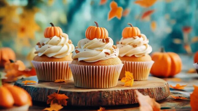 Delicious pumpkin spice cupcakes decorated with cream and marzipan pumpkins for the fall season	