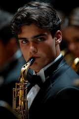 A young musician playing a saxophone at a formal concert setting