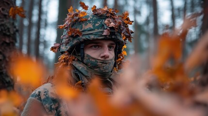 Camouflaged Soldier in Autumn Woodland Setting