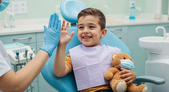 A cheerful boy with a teddy bear celebrates with a high five at the dentist
