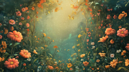 鮮やかな花々と雄大な山々が織りなす春の幻想的な風景・蝶が舞う爽やかな青空と新緑が美しい自然のイラスト背景素材・ナチュラルテイスト・癒し系・フローラル・ボタニカルアート・リラックス