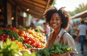 Smiling African American woman shopping at farmers market for fresh fruits, vegetables. Happy shopper with healthy lifestyle buying organic food for family, friends. Summer season harvest with