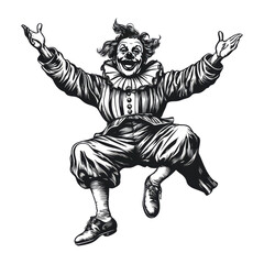 Fototapeta premium clown in mid-jump, wearing a classic costume with ruffles, buttons, and exaggerated shoes sketch engraving