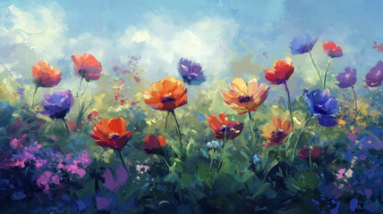 Obraz premium 春の花畑から望む美しい山岳風景・鮮やかなピンクと白い花が咲き蝶が飛ぶ幻想的で爽やかな大自然・ボタニカルイラスト・ナチュラルテイスト・フローラル・リラックス・癒しの背景イラスト素材