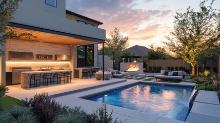 Modern outdoor kitchen and pool area at dusk.  Stunning backyard design with a stylish kitchen, fireplace, and swimming pool