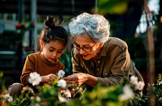 Grandmother and granddaughter taking care of flowers in their garden