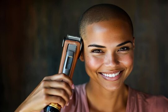 Young woman with shaved head looking at camera with electric hair clipper