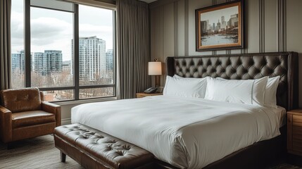 Obraz premium Elegant luxury hotel room modern style plush king bed minimalist art city skyline view