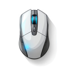 Sleek wireless computer mouse illustration with blue illumination isolated on transparent background