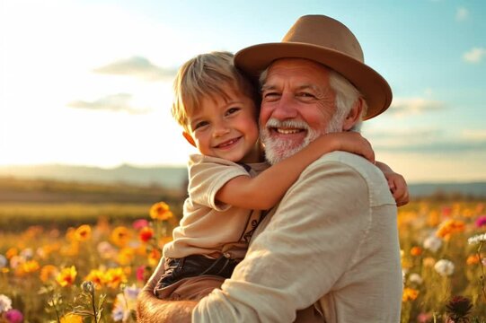 Boy with his grandfather in a field full of flowers in spring
