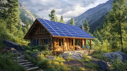 Fototapeta premium Solar-powered cabin nestled in a serene forest, surrounded by mountains and greenery