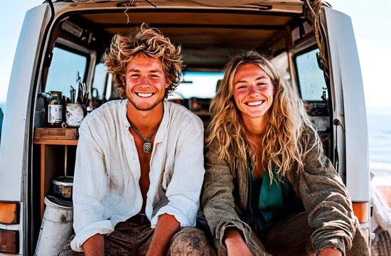 Young hippie couple next to their van camping in front of the beach
