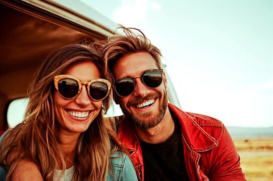 Young couple in front of a van wearing sunglasses