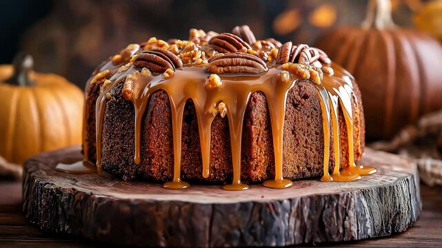 Delicious homemade pumpkin bread with caramel icing and pecans dripping for thanksgiving day	