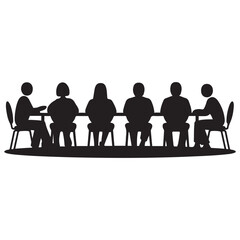 Group of people sitting around a long table, Sitting table flat silhouette vector black. with white background