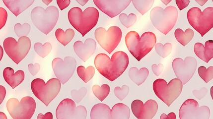 Watercolor Pink and Red Heart Pattern with Gradient on White Background