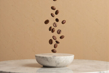 Floating Coffee Beans on Marble Podium