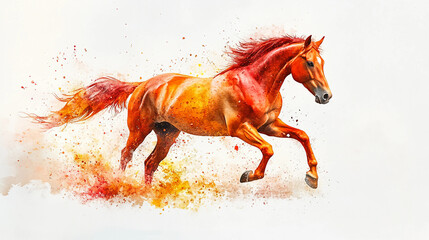An adorable, graceful watercolor horse in motion, captured mid-stride with its muscular body elegantly arched and its flowing mane and tail rippling