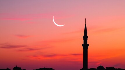 Obraz premium Crescent Moon over Minaret at Sunset: A Serene Islamic Landscape
