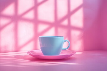 Minimalist Light Blue Mug on Pink Plate, Shadow Patterns, Soft Pastel Color Scheme, Still Life
