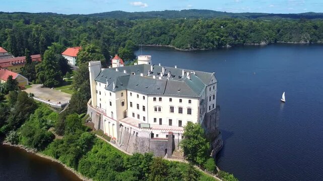 Orlik Castle (Zamek Orlik) - Manor House By Vltava River In Summer In Orlik nad Vltavou, Pisek, Czech Republic. - aerial shot