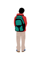 Black school boy going to middle school vector illustration isolated on white background. African american teenager standing with backpack rear view. Back to school concept.