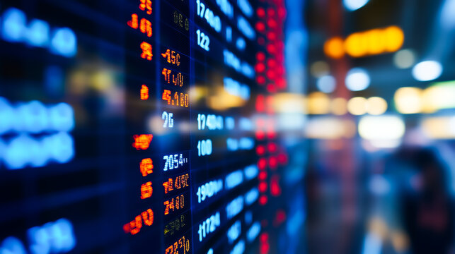 Close-up of illuminated digital stock market board displaying fluctuating numbers in red, blue and yellow with bokeh lights, Concept of financial trading, volatility and investment strategy.