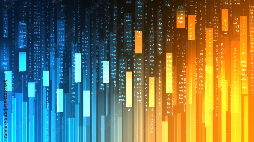 Poster abstract digital data stream visualization: blue and orange gradient with numerical codes