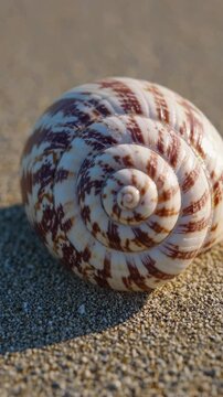 Close-up video of a seashell on sandy beach, captured from a low angle. The spiral pattern is detailed, emphasizing natural beauty and texture. Live mobile wallpaper.