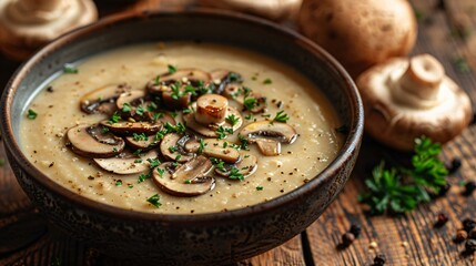 A bowl of mushroom veloute soup with sliced mush