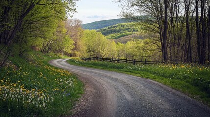 Quiet country mountain road in spring flanked by wildflowers and fresh green budding trees