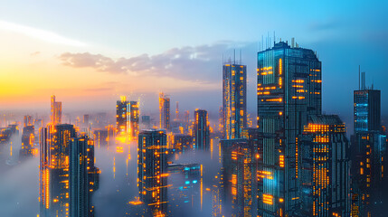 Obraz premium Futuristic Cityscape Above the Clouds at Sunrise