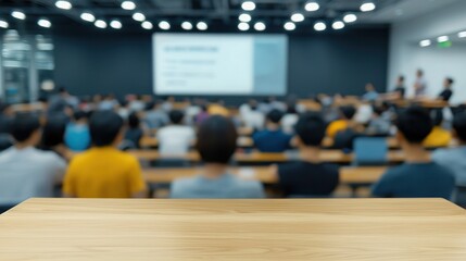 Obraz premium Wooden Table in Blurred Conference Room Setting