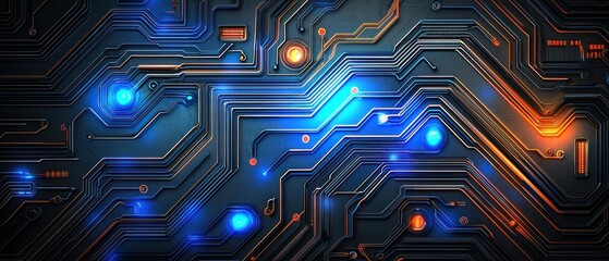 Abstract Circuit Board:  Glowing Blue and Orange Pathways of Digital Innovation