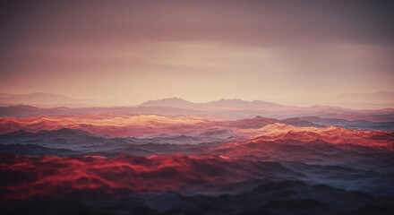 Layered mountains with a hazy pink and orange sky above