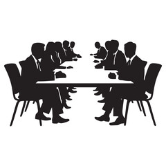 Fototapeta premium Group of people sitting around a long table, Sitting table flat silhouette vector black. with white background
