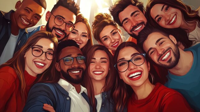 Multicultural Happy People Taking Group Selfie Portrait in Office, Diverse Team Celebrating Together, Showcasing Happy Lifestyle and Teamwork Concepts