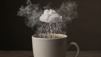 Caffeine, cup of fresh healthy coffee with steam forming into a miniature storm cloud with tiny lightning bolts, highly detailed food photography, creative design concept, food advertisement template 