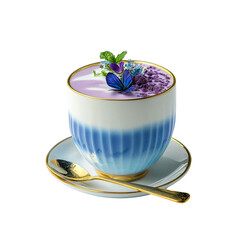 A beautifully crafted cup filled with lavender-infused treat, adorned with edible flowers and served on a delicate saucer with a golden spoon.
