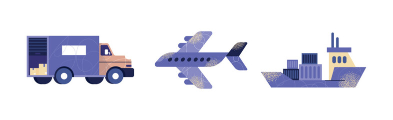 Logistics and transportation icons including truck, cargo ship, airplane. Flat vector illustration of global delivery system concept design